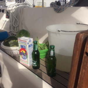 Washing the fruit and veg on deck. Of course we had to get that brand of milk